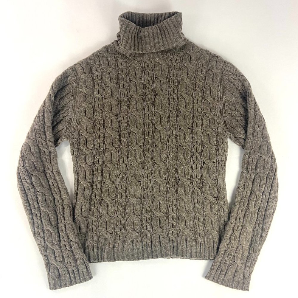 Autumn Cashmere Cable Knit Fisherman Turtleneck Sweater Chunky Brown XL